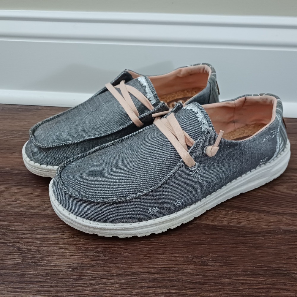 Hey Dude Wendy Boho Grey Chambray Slip On Loafers Womens Size 8 40054-010